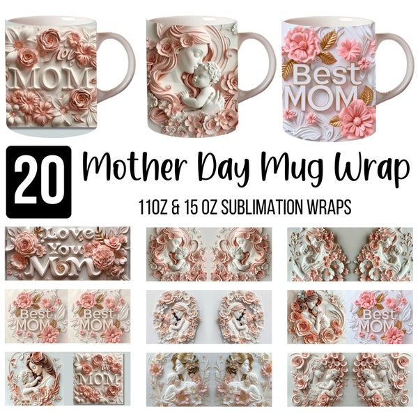 3D Embossed Effect Mother And Child Mug Wrap, Mother's Day Mug Sublimation,11oz & 15oz Embroidered Mother And Child Mug, PNG Mug Wrap Bundle