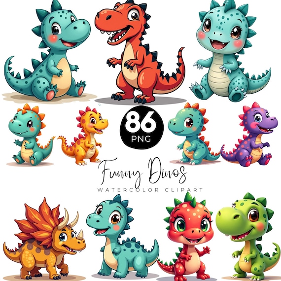 86 Funny Dinosaur Clipart, Watercolor Dino Png bundle, Cute Dinosaur Clipart Set, Baby Dino PNG, High Quality PNG, Kids Dino PNG
