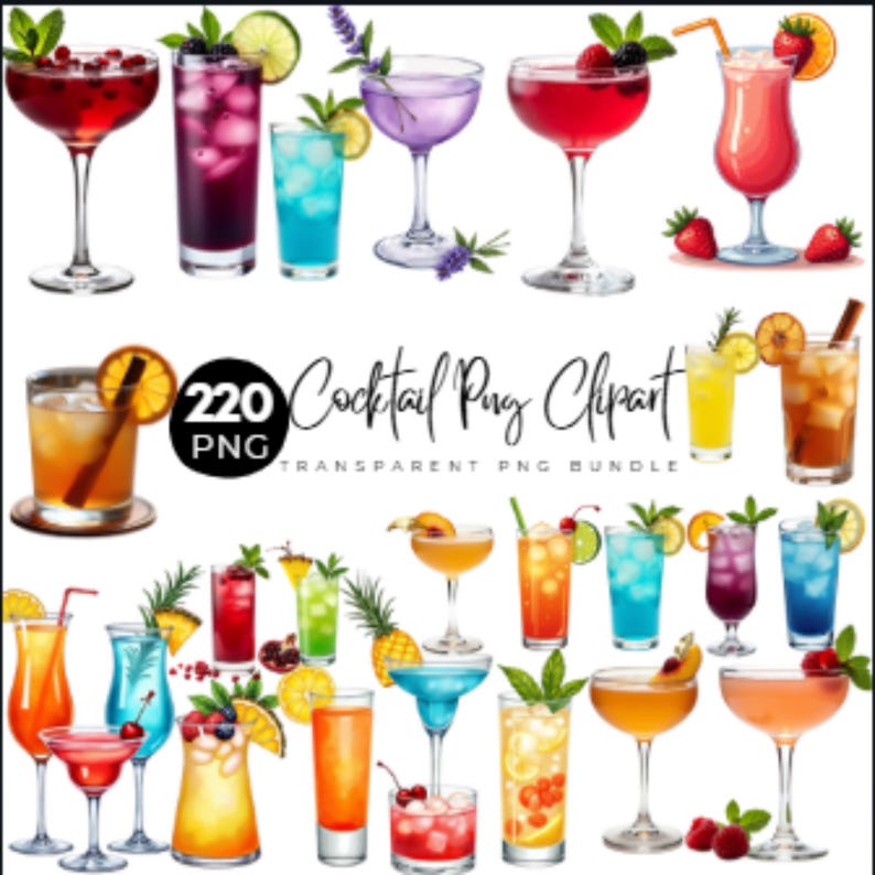May include: A selection of watercolour cocktail illustrations in different glasses, garnished with fruit and herbs. The image includes the text "220 Cocktail Png Clipart Transparent Png Bundle".