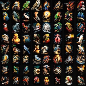 Könnte beinhalten: Eine Sammlung von 56 farbenfrohen Vogelillustrationen auf schwarzem Hintergrund. Die Vögel umfassen Adler, Eulen, Papageien, Kolibris und Enten. Jeder Vogel wird in einem detaillierten, künstlerischen Stil dargestellt, der eine Vielzahl von Arten und lebendigen Farben zeigt.