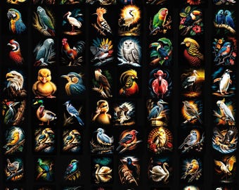 Zestaw 80 grafik z ptakami w półtonach, ilustracja ptaka w półtonach, grafika z ptakami w stylu retro z kropkami, elementy projektu ptaków przyrodniczych, pobieranie cyfrowe