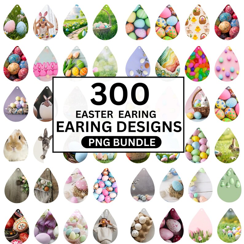 May include: A collection of 300 Easter earring designs in a PNG bundle. The designs are teardrop-shaped and feature various Easter-themed images, including eggs, bunnies, and floral patterns. The designs are in a variety of colors, including pastels and bright hues.