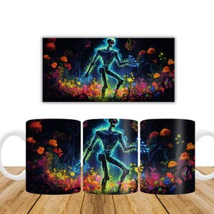 May include: A white ceramic mug with a black and colorful design. The design features a glowing skeleton figure standing in a field of flowers. The flowers are in shades of pink, purple, blue, and yellow.