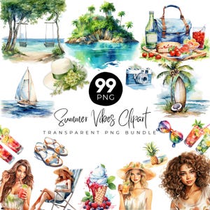 99 Summer Vibes Clipart Bundle, Island Clipart Png, Sea Life Bundle, Waterfall Sunset, Sunrise, Maldives Vacation, Cocktail Digital Download