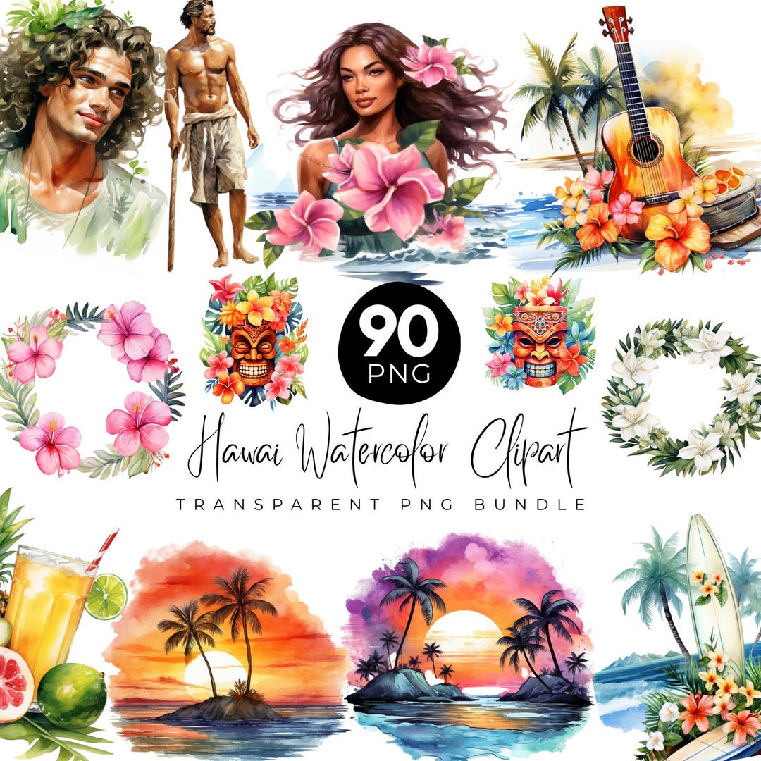 90 HAWAII Clipart Bundle, Watercolor Hawaii Png, Tropical Island Summer ...