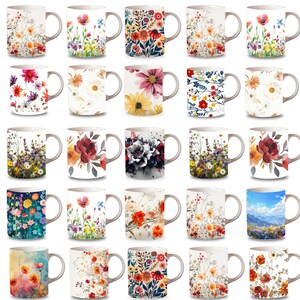 Peut inclure: Ensemble de 24 tasses en c&eacute;ramique blanche avec diff&eacute;rents motifs floraux et inspir&eacute;s de la nature. Chaque tasse pr&eacute;sente un motif diff&eacute;rent avec des fleurs color&eacute;es, des feuilles et des motifs abstraits.