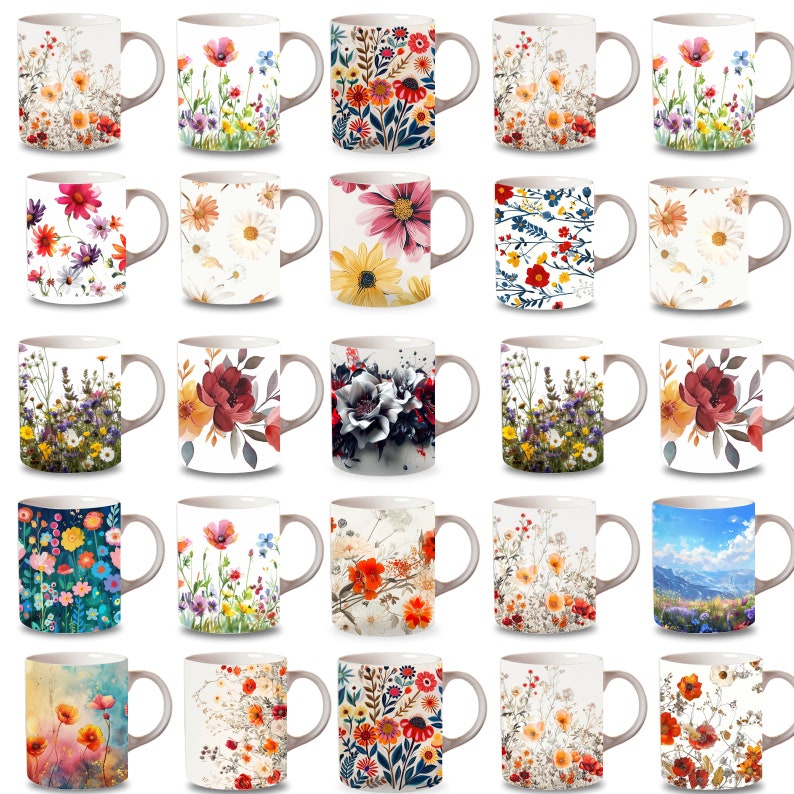 Peut inclure: Ensemble de 24 tasses en c&eacute;ramique blanche avec diff&eacute;rents motifs floraux et inspir&eacute;s de la nature. Chaque tasse pr&eacute;sente un motif diff&eacute;rent avec des fleurs color&eacute;es, des feuilles et des motifs abstraits.