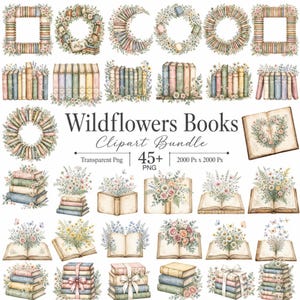 45+ Wildflowers Books Clipart Bundle, Floral Book PNG, Watercolor Wildflower Clipart, Book Lover Sublimation, Botanical Reading PNG