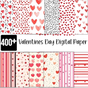以下が含まれることがあります： バレンタインデーのさまざまなパターンを特徴とする12種類のデジタルペーパーのセット。パターンには、赤、ピンク、白の色のハート、ストライプ、水玉模様、花柄のデザインが含まれています。