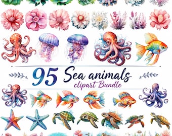 95 Sea animals clipart Bundle, Undersea Watercolor Clipart Png, Cute Ocean Animals PNG, Baby Shower, Octopus, Jellyfish, Seahorse, Turtle