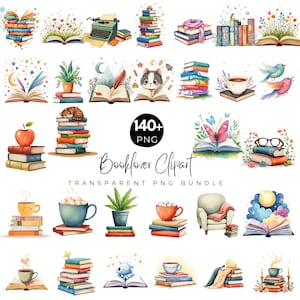 Può includere: Una collezione di illustrazioni ad acquerello con libri, tazze da tè ed elementi decorativi. L'immagine include pile di libri, libri aperti con fiori e un gatto che legge. Il testo recita "Booklover Clipart" e "Transparent PNG Bundle".
