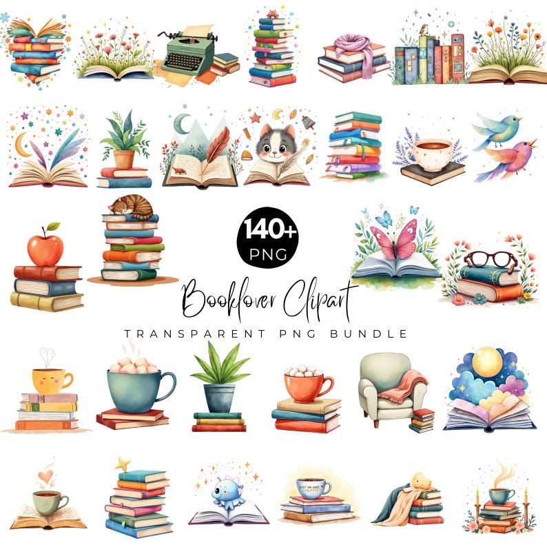 K&ouml;nnte beinhalten: Eine Sammlung von Aquarellillustrationen mit B&uuml;chern, Teetassen und dekorativen Elementen. Das Bild zeigt B&uuml;cherstapel, offene B&uuml;cher mit Blumen und eine lesende Katze. Der Text lautet "Booklover Clipart" und "Transparent PNG Bundle".