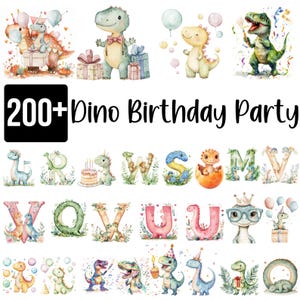 Pacote com mais de 200 cliparts de festa de aniversário de dinossauro, letras fofas de dinossauro em aquarela, alfabeto de dinossauro PNG, decorações de aniversário de dinossauro, PNG digital