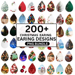 May include: A collection of teardrop-shaped Christmas earring designs. The earrings feature various festive images, including Santa Claus, Christmas trees, ornaments, and snowflakes. The image includes the text "200+ CHRISTMAS EARRING DESIGNS PNG BUNDLE."