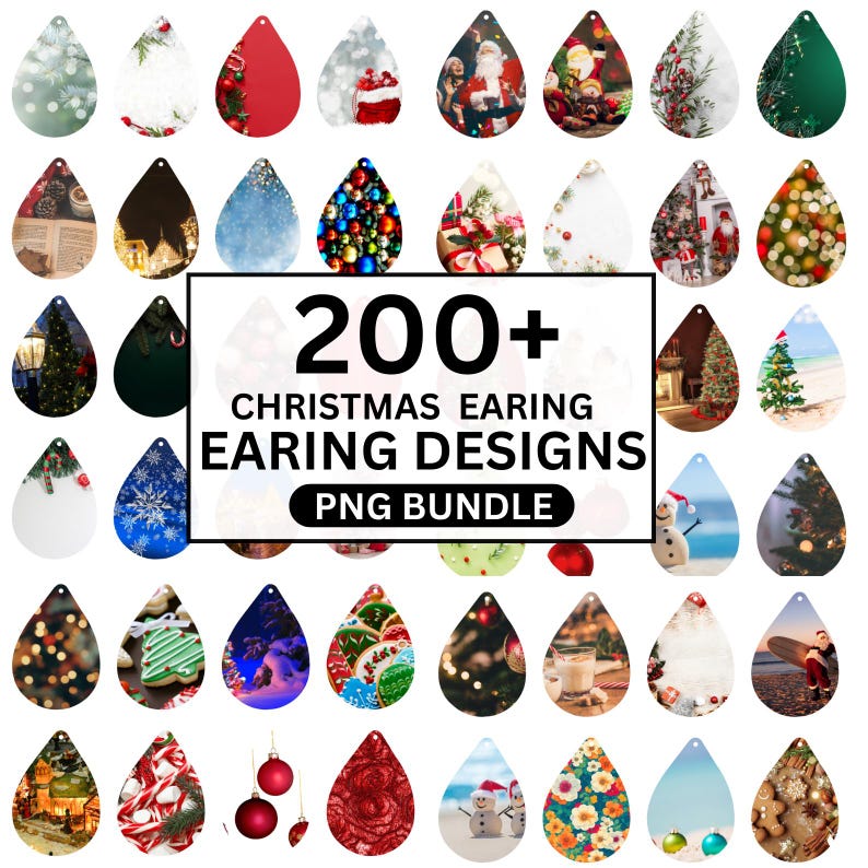 May include: A collection of teardrop-shaped Christmas earring designs. The earrings feature various festive images, including Santa Claus, Christmas trees, ornaments, and snowflakes. The image includes the text "200+ CHRISTMAS EARRING DESIGNS PNG BUNDLE."