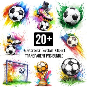 20+ aquarel voetbal clipart, sport clipart set, voetbaldoel png, aquarel voetbal elementen, voetbal png bundel, digitale voetbalkunst