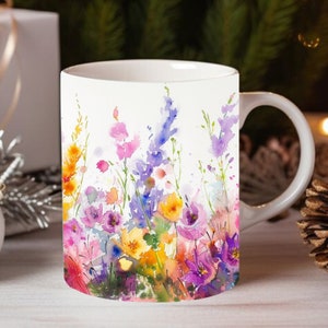 Wildflowers Mug Sublimation Designs, Watercolor Floral 15oz Mug Wraps ...