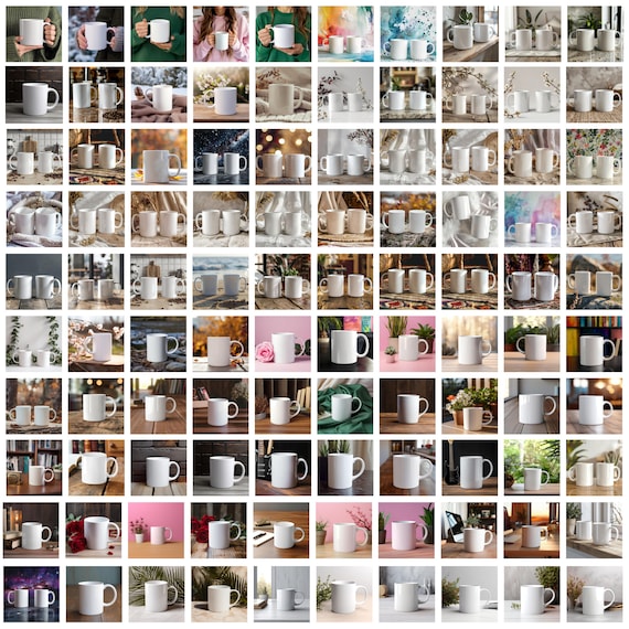 200 個以上の白いセラミックマグのモックアップ バンドル、プレーン