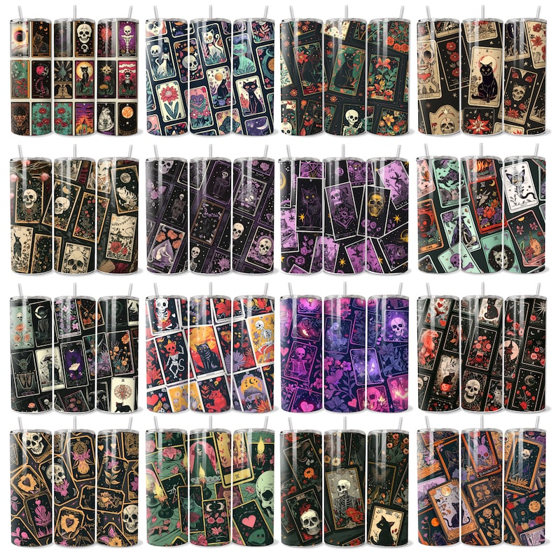 May include: Twelve stainless steel tumblers with a black and white tarot card design. The tumblers feature a variety of tarot cards, including the Fool, the Magician, the High Priestess, and the Death card. The tumblers are perfect for holding hot or cold beverages.