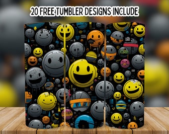 Smiley Gesicht Tumbler Wrap, Lächeln Emoji 20 Unzen Skinny Tumbler PNG Sublimation Wrap, Retro Smiley Gesicht, Gerade Smiley Tumbler png