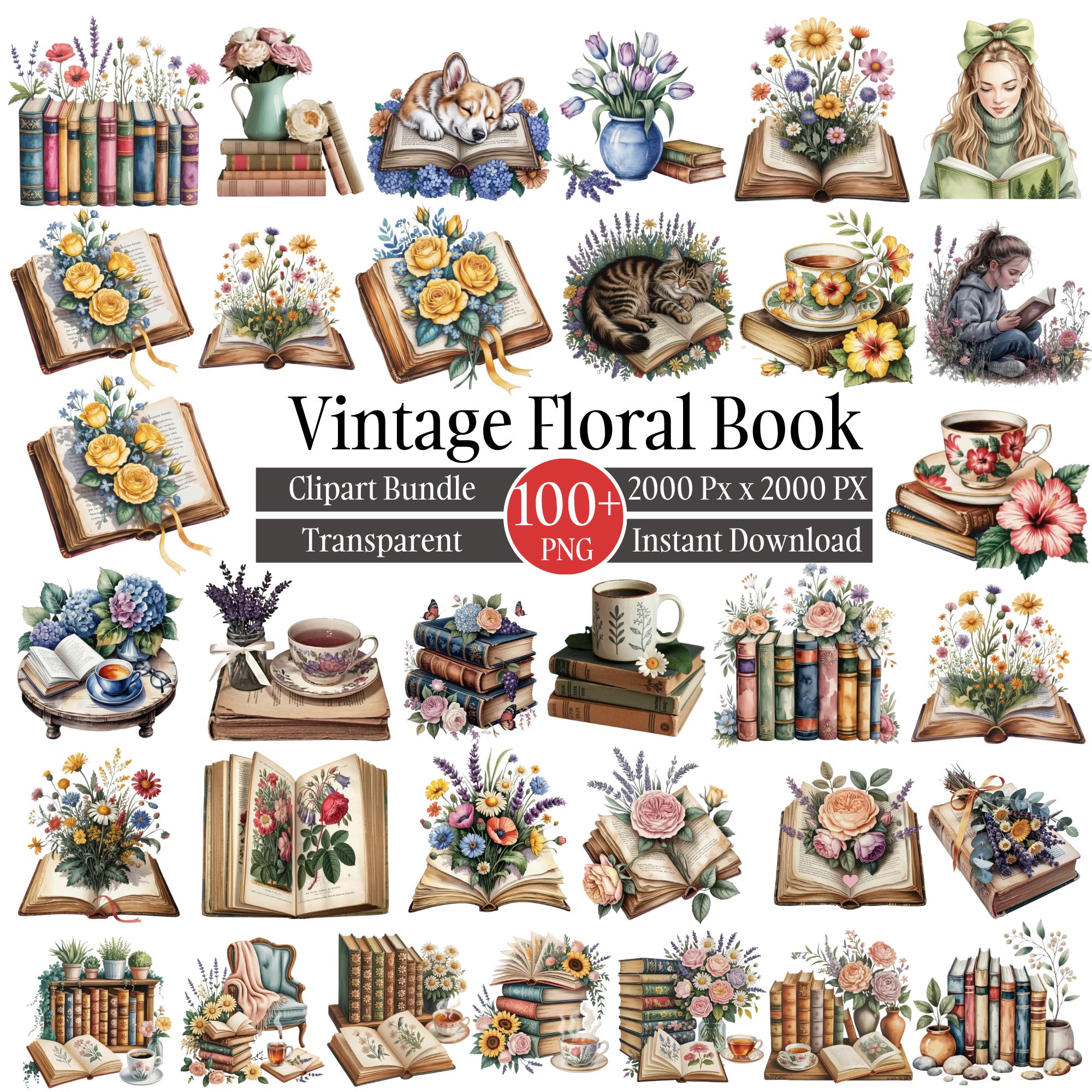 100+ Floral Books Clipart PNG Bundle, Vintage Flower Book Junk Journal ...