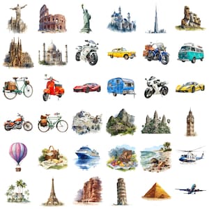 May include: Watercolor illustrations of famous landmarks and modes of transportation. Includes the Statue of Liberty, Eiffel Tower, Taj Mahal, Colosseum, Big Ben, a hot air balloon, a cruise ship, and various vehicles.