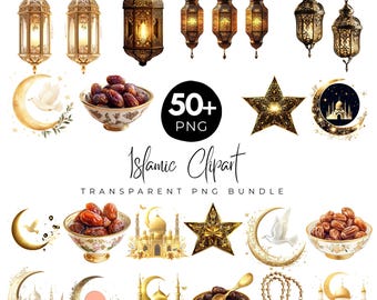 50+ islamitische clipart-png-bundel, ramadan-lantaarns, maan en sterren clipart, Eid Mubarak-decor, datums en gebedskralen, transparante png