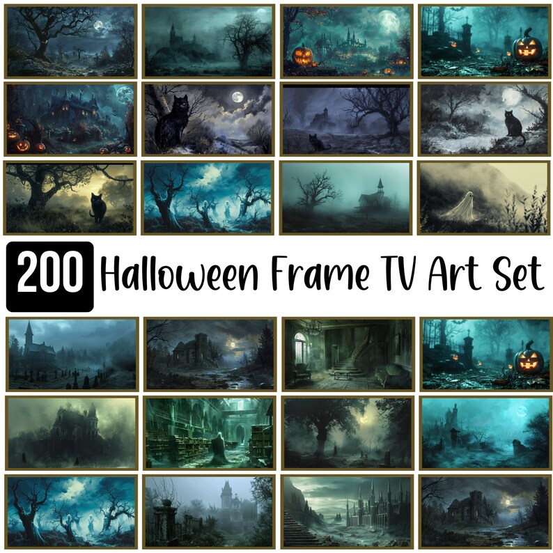 May include: A collection of 200 Halloween-themed framed art pieces for TV screens. The art features spooky scenes with castles, cats, pumpkins, and ghostly figures in a dark, atmospheric style. The text "200 Halloween Frame TV Art Set" is displayed.