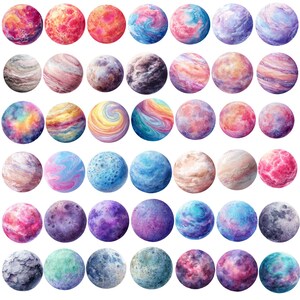 May include: A collection of 36 watercolor planet illustrations. Each planet is a sphere with swirling patterns and vibrant colors, including pinks, blues, purples, oranges, and greens. The planets vary in texture and design, creating a diverse celestial display.
