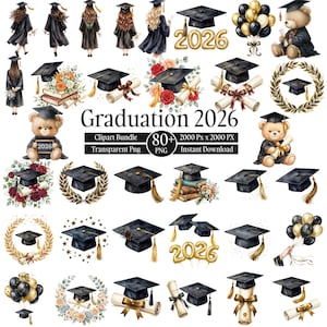 Puede incluir: Un paquete de imágenes prediseñadas digitales con ilustraciones temáticas de graduación. La imagen incluye birretes, diplomas, osos de peluche, arreglos florales y globos. El texto "Graduation 2026" se muestra de forma destacada. El paquete incluye más de 80 archivos PNG.