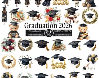 May include: A digital clipart bundle with graduation-themed illustrations. The image includes graduation caps, diplomas, teddy bears, floral arrangements, and balloons. The text "Graduation 2026" is displayed. The bundle includes over 80 PNG files.