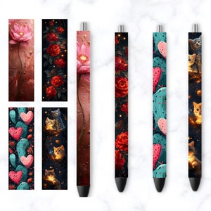 May include: Set of six pens with different designs. The designs include a pink flower, red roses, a cactus with hearts, and a cat with stars. The pens are black with silver accents.