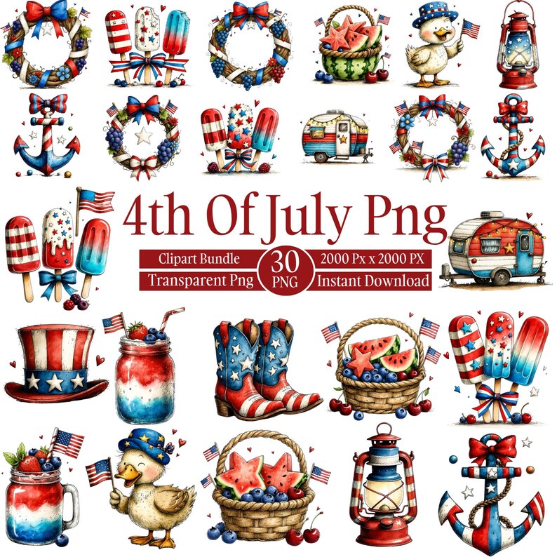30 4th of July Clipart Png Bundle, Patriotic USA PNG, Watercolor ...