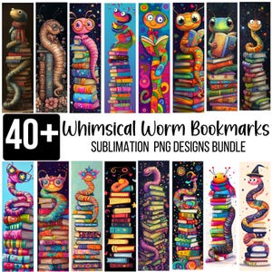 50+ Whimsical Worm Bookmarks Bundle, Printable Bookmarks PNG, Bookmark Sublimation, Quirky Bookish Gift, Kids Crafts