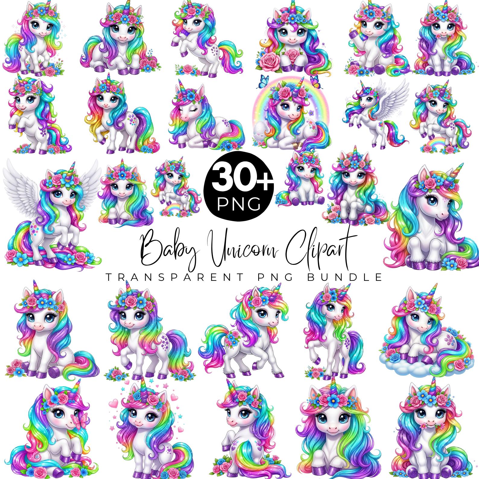 30+ Baby Unicorn Clipart PNG Bundle, Cute Pastel Fantasy Unicorn Set ...