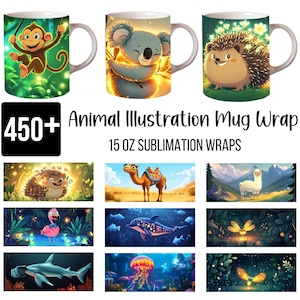 Plus de 450 enveloppes de tasses illustration animale, motifs par sublimation 15 oz, art singe, koala et hérisson, décoration sur le thème de la nature, téléchargement numérique