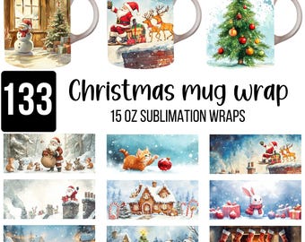 May include: 133 Christmas mug wrap 15 oz sublimation wraps. A set of 10 different designs featuring Christmas scenes, including a snowman, a cat with a red ornament, a gingerbread house, a fireplace with stockings, and a Christmas tree.