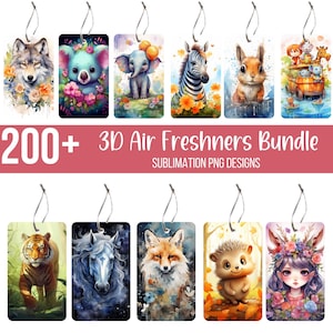 200+ 3D Lufterfrischer Design Bundle, Aquarell Tier Designs, süße Katze, Kaninchen, Wolf, Panda, Tiger und mehr Png Bundle, digitaler Download