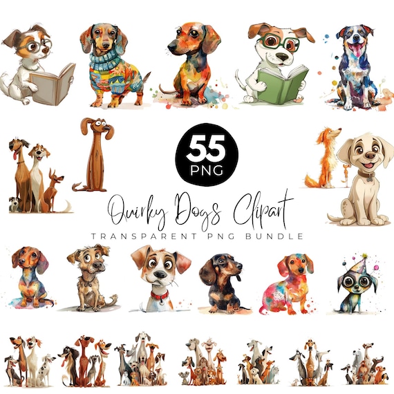 Quirky Dog Clipart Png Bundle, Funny Pets Dog Clipart, Whimsical Dogs Png, Puppy Whimsy Graphics, Whimsy Birthday Graphics, Digital Download