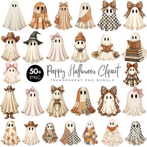 May include: A digital collection of 50+ Halloween ghost illustrations featuring various patterns, bows, hats, and accessories. The text reads 50+ PNG Preppy Halloween Clipart TRANSPARENT PNG BUNDLE. Each ghost has two black oval eyes and a white sheet body.