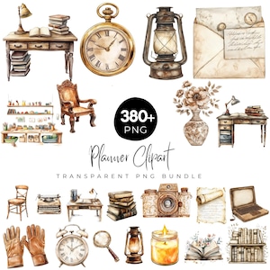380+ Planner Clipart Bundle, Retro Desk and Clock PNG, Antique Books & Lamp Clipart, Planner Girl PNG, Digital Dowload