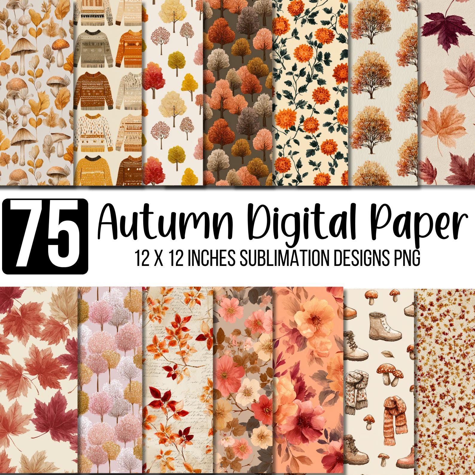 75 Autumn Digital Paper Bundle, Seamless Fall Leaves, Vintage Woodland ...