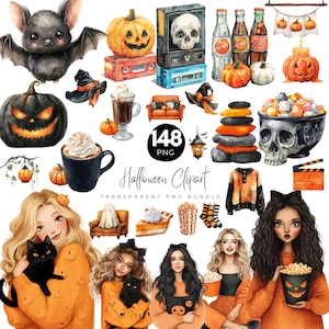 148 Halloween Movie Night Clipart, Cozy Watercolor Halloween PNG, Spooky Night Bundle, Transparent PNG, Instant Download