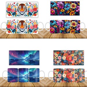 Puede incluir: Tres tazas de cer&aacute;mica blanca con diferentes dise&ntilde;os. La primera taza presenta un patr&oacute;n floral colorido con una cara de tigre en el centro. La segunda taza presenta un patr&oacute;n floral colorido con una cordillera y auroras boreales reflejadas en un lago. La tercera taza presenta un patr&oacute;n floral colorido con una gran flor rosa en el centro.
