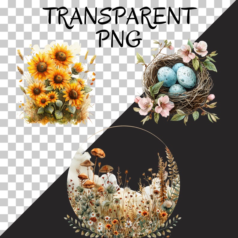 May include: A digital illustration of three watercolor paintings. The first painting features a bouquet of yellow sunflowers. The second painting features a bird's nest with blue eggs. The third painting features a circular arrangement of mushrooms and wildflowers.