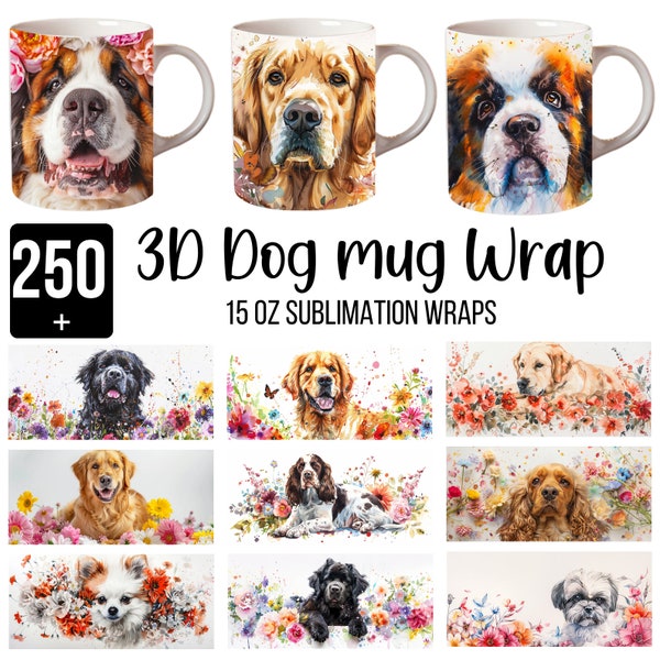 Mega Watercolor Floral Dog Mug Bundle, Dog Breed Coffee Cup Bundle, Rainbow Dog Mug Wraps, Floral Mug Wrap Sublimation, 15oz Dog Mug Wrap