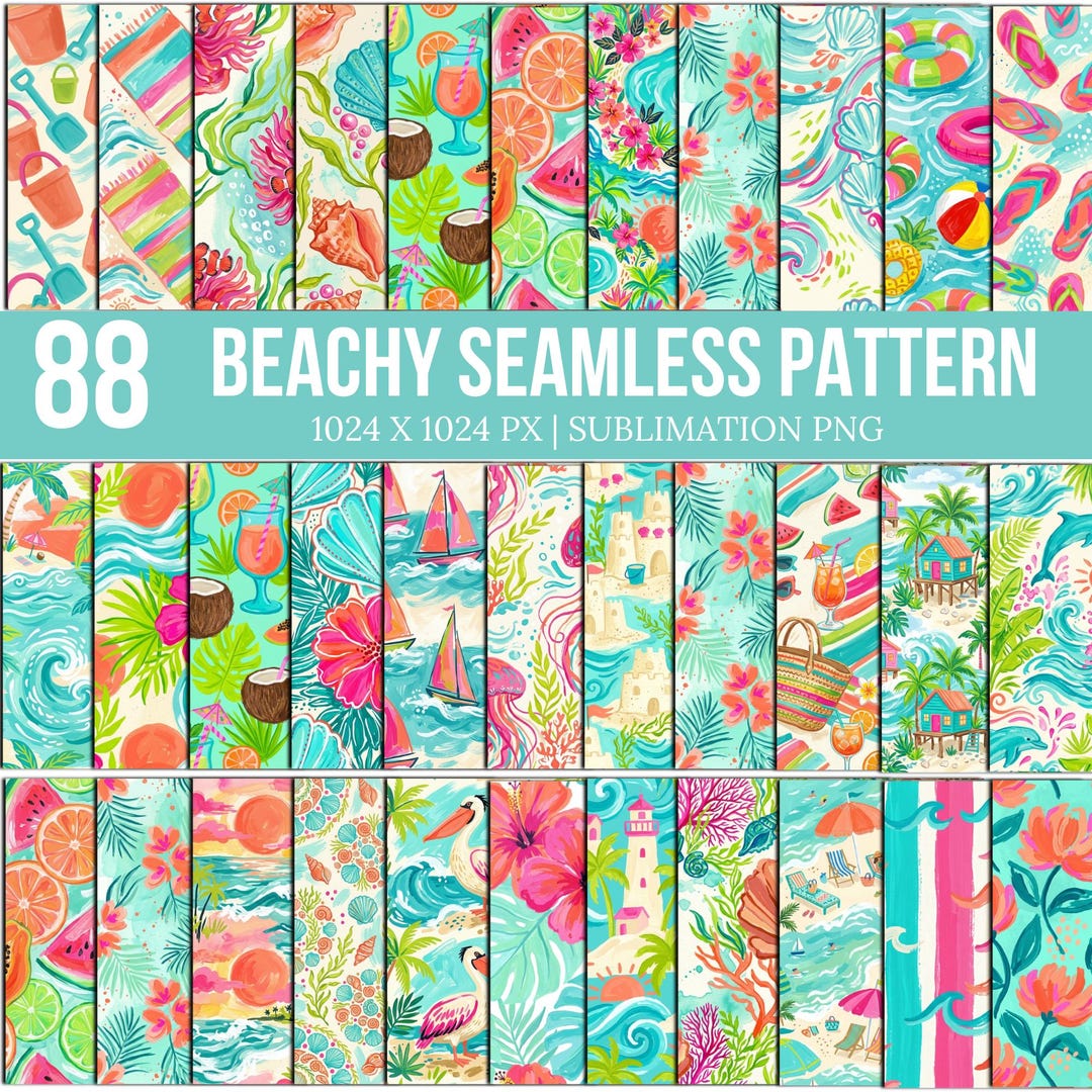 88 Beachy Seamless Pattern Png Bundle, Coastal Summer Digital Paper ...
