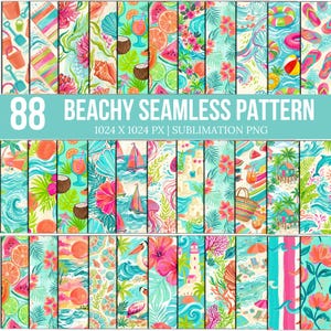 May include: A collection of 88 beach-themed seamless patterns in vibrant colors. The patterns feature illustrations of tropical fruits, sailboats, seashells, and beach scenes. The text "BEACHY SEAMLESS PATTERN" is displayed prominently.