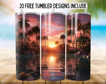 Skinny Beach Sunset Tumbler, 3D Sunset Beach 20oz Skinny Tumbler PNG, Summer Tumbler Wraps, Straight Tumbler, Seamless Sublimation Tumbler