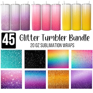 May include: A collection of glitter tumbler designs. The image features six gradient-colored tumblers with straws, ranging from purple to yellow. Below, there are nine additional glitter designs in various colors, including teal, black, and rainbow patterns. Text reads "45 Glitter Tumbler Bundle 20 OZ Sublimation Wraps."